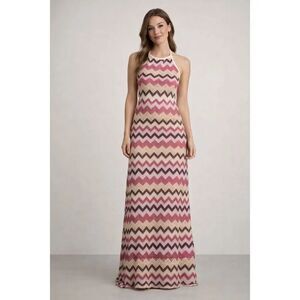 No Comment Pink Chevron Halter Maxi Dress Boho Size M